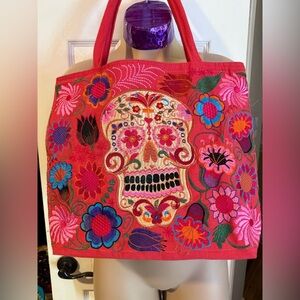 Embroidered Floral Skull Tote Bag - Red